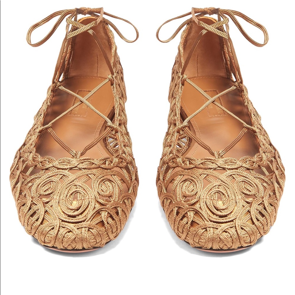 Aquazzura Kya embroidery and Napa flats -bronze